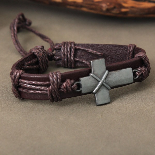 Кожаный браслет "Крест", коричневый, С11672