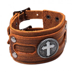 Широкий кожаный браслет "Крест", С11734