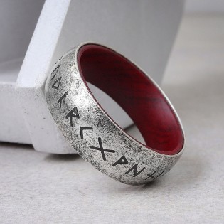 Перстень зі сталі і дерева "Руни вікінгів"