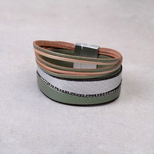 Кожаный многослойный  браслет  зеленый, С7729