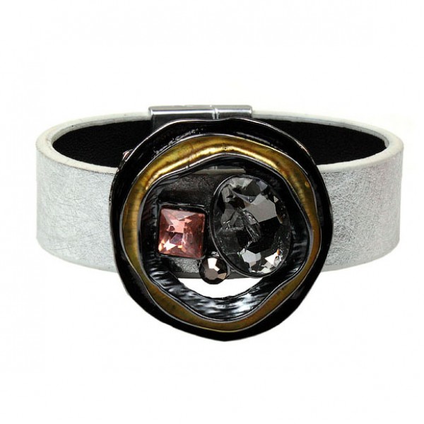 Кожаный женский браслет серебро, С7734