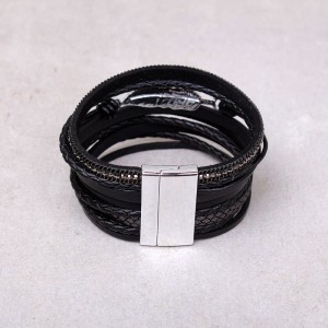 Кожаный многослойный  браслет черный, С8767