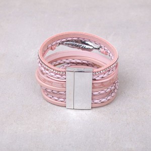 Кожаный многослойный  браслет  розовый, С8770