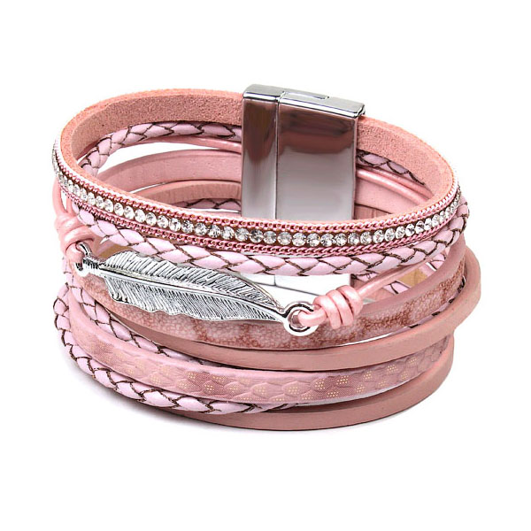 Кожаный многослойный  браслет  розовый, С8770