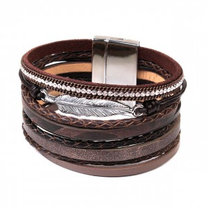 Кожаный многослойный  браслет  коричневый, С8771