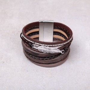 Кожаный многослойный  браслет  коричневый, С8771
