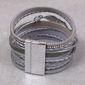 Кожаный многослойный  браслет  серый, С8772
