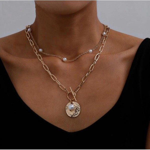 Ожерелье массивная цепь с жемчугом, С9576