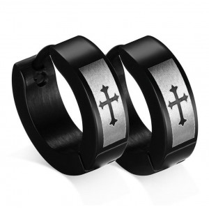Мужские серьги-кольца "Крест", черные, С10705