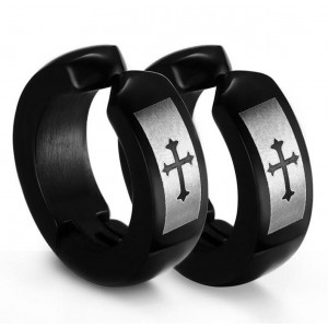 Мужские серьги-кольца "Крест", черные, С10706