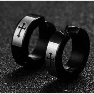 Мужские серьги-кольца "Крест", черные, С10706